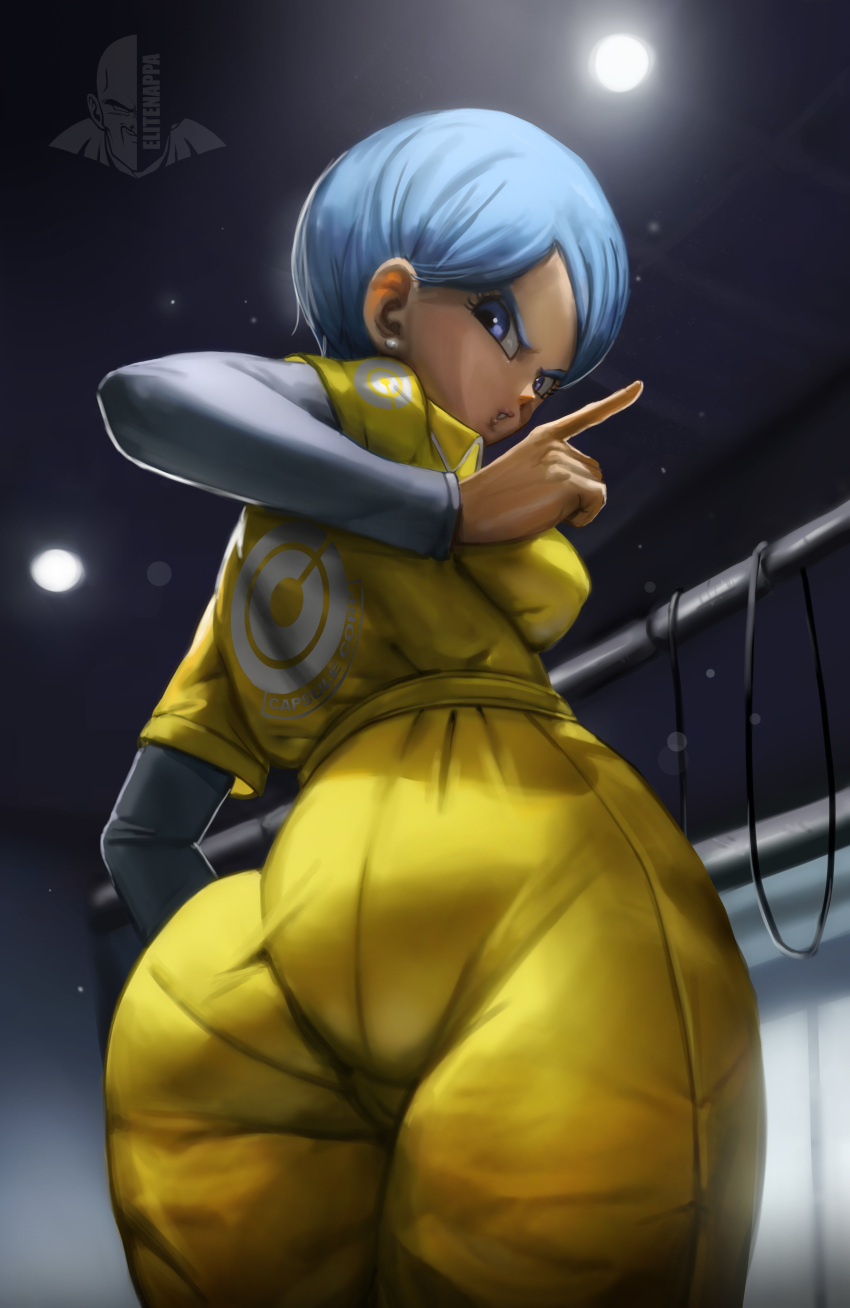 1girl absurdres angry ass black_shirt blue_eyes blue_hair breasts bulma dragon_ball dragon_ball_super dragon_ball_super_super_hero elite_nappa english_commentary from_behind highres index_finger_raised jumpsuit long_sleeves shirt short_hair solo yellow_jumpsuit