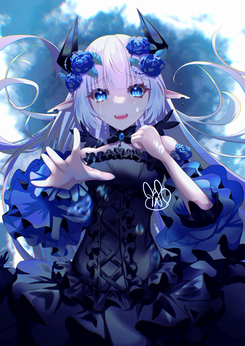 1girl absurdres bangs black_bow black_bowtie black_choker black_dress blue_eyes blue_flower blue_rose bow bowtie choker collarbone crying crying_with_eyes_open demon_girl dress earrings floating_hair flower frilled_dress frills gothic_lolita hair_flower hair_ornament highres horns jewelry kurousagi_neko lolita_fashion long_dress long_hair looking_at_viewer open_mouth original pendant pointy_ears reaching_towards_viewer rose shiny_skin solo strapless strapless_dress streaming_tears tears very_long_hair white_hair