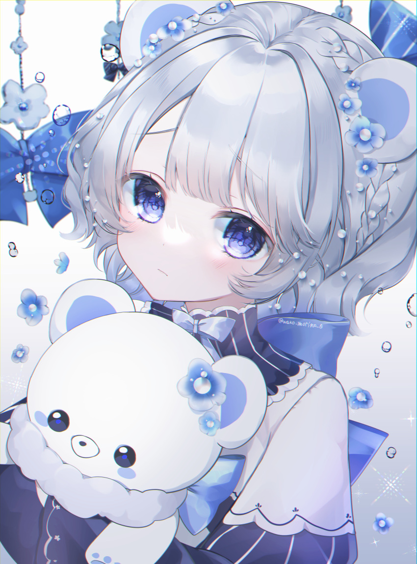 1girl absurdres bangs blue_eyes closed_mouth highres holding holding_stuffed_toy looking_at_viewer original short_hair solo stuffed_animal stuffed_toy teddy_bear twitter_username upper_body wako_morino white_hair