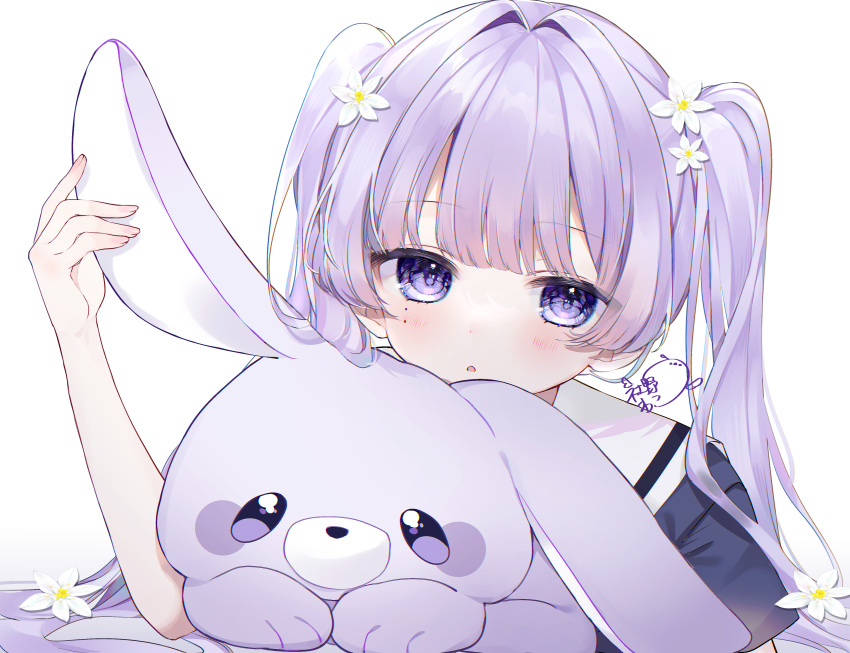 1girl absurdres bangs flower hand_up highres long_hair looking_at_viewer mole mole_under_eye original parted_lips purple_eyes purple_hair solo stuffed_toy twintails upper_body wako_morino white_background white_flower