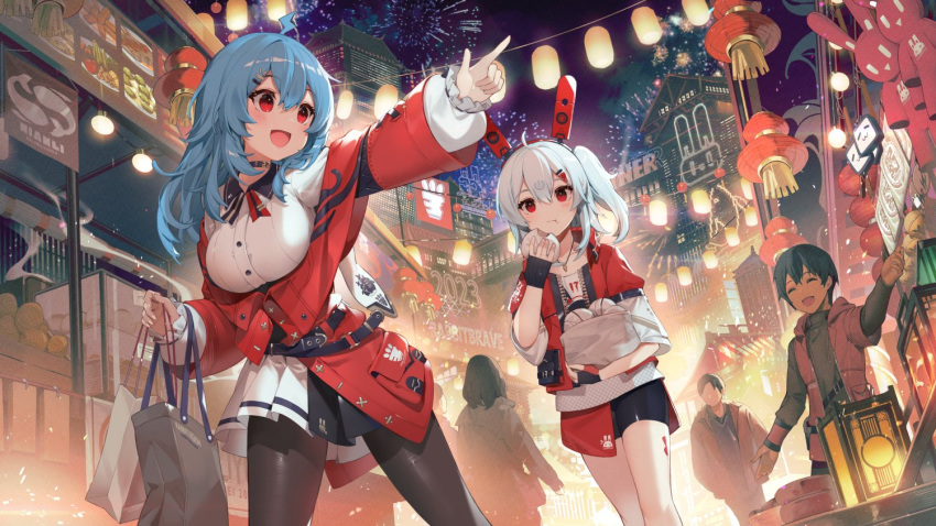 2023 2boys 2girls :d ahoge akizone bag bangs belt bilibili black_belt black_gloves black_shorts breasts bridge building buttons collarbone dress_shirt eating fireworks food fruit gloves hair_between_eyes hair_ornament holding holding_bag holding_food jacket jewelry lamp large_breasts long_hair long_sleeves multiple_boys multiple_girls necklace one_side_up open_mouth outdoors people pointing red_eyes red_jacket shiny_clothes shirt shop shopping_bag shorts smile white_hair