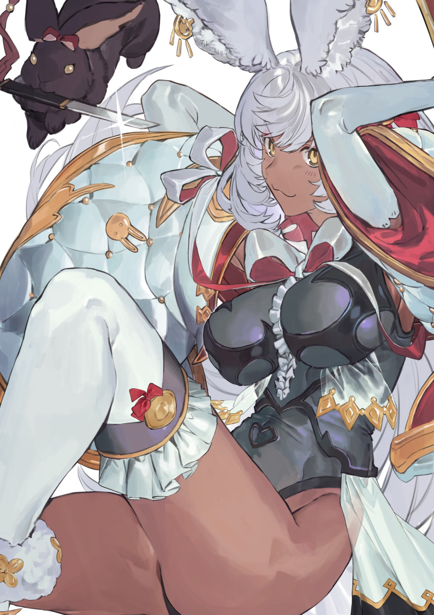 1girl :3 animal_ears breasts dark-skinned_female dark_skin erune granblue_fantasy hashibiro_kou_(garapiko_p) highres knife large_breasts leotard makura_(granblue_fantasy) mouth_hold rabbit rabbit_ears thighhighs white_hair yellow_eyes