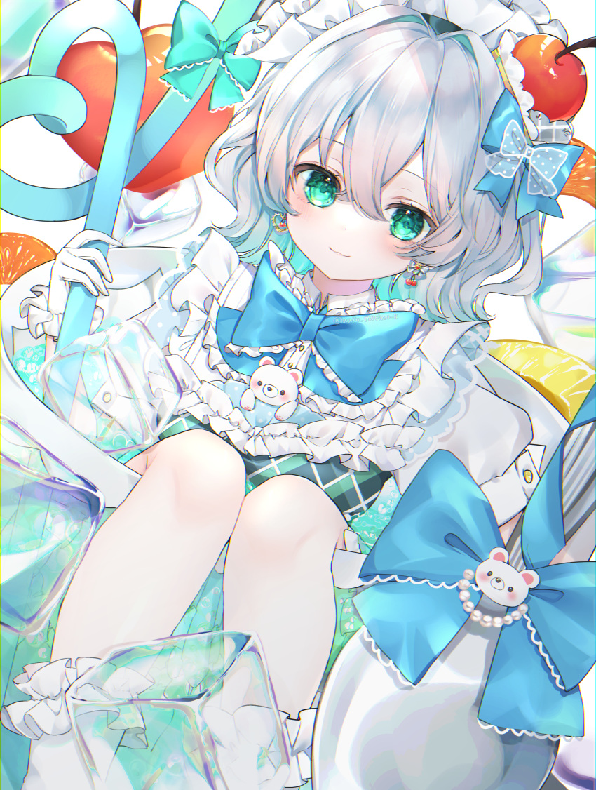1girl absurdres bangs blue_bow blue_bowtie bow bowtie closed_mouth earrings green_eyes hair_bow hair_ornament highres jewelry looking_at_viewer original short_sleeves sitting socks solo wako_morino white_hair white_socks