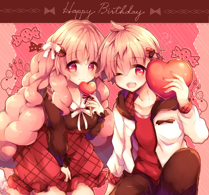 1boy 1girl 2yuring blush brown_shirt happy_birthday highres hood hoodie kisaragi_ai_(tsukiuta) kisaragi_koi long_hair long_sleeves looking_at_viewer pink_hair plaid plaid_hoodie plaid_skirt red_eyes shirt short_hair siblings skirt tsukino_talent_production tsukiuta twins valentine