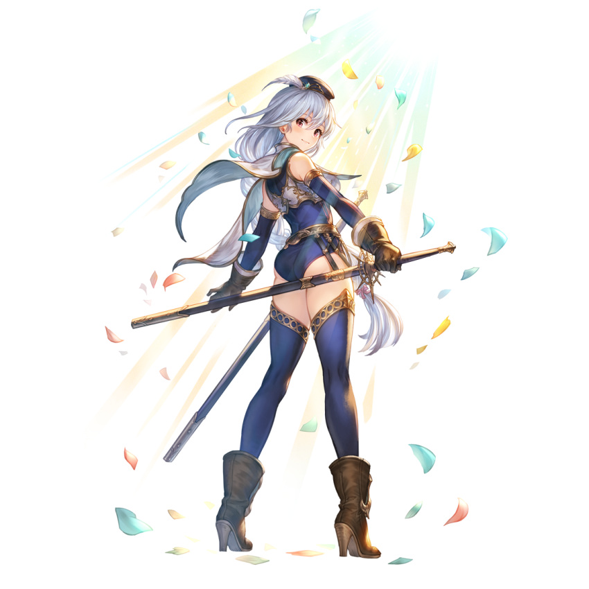 1girl amelia_(granblue_fantasy) bangs blue_leotard blue_thighhighs boots brown_footwear brown_gloves from_behind gloves granblue_fantasy hat holding holding_sword holding_weapon leotard long_hair looking_at_viewer looking_back minaba_hideo official_art pink_hair sheath sheathed simple_background sleeveless solo standing sword thighhighs transparent_background weapon white_hair