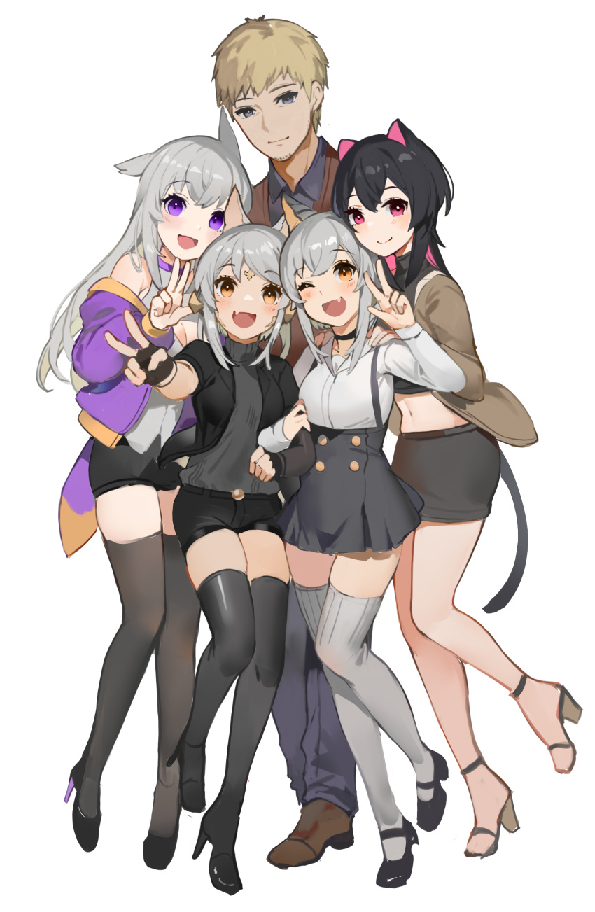 1boy 4girls :d ;d absurdres akizone animal_ears bangs bare_shoulders black_gloves black_jacket black_skirt black_thighhighs blonde_hair blush brown_jacket buttons closed_mouth collared_shirt double-breasted final_fantasy final_fantasy_xiv fingerless_gloves full_body gloves grey_hair grey_thighhighs hand_up high_heels highres jacket long_hair long_sleeves multiple_girls navel one_eye_closed open_clothes open_jacket orange_eyes pencil_skirt pink_jacket red_eyes shirt shoes skirt smile thighhighs v w white_background zettai_ryouiki