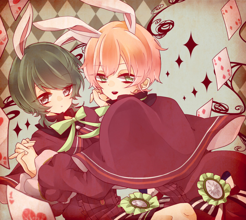 1boy 1girl animal_ears brown_eyes green_eyes green_hair highres holding_hands looking_at_viewer looking_back minazuki_rui orange_hair peporon13 rabbit_boy rabbit_ears rabbit_girl short_hair terase_yuno tsukino_talent_production tsukiuta