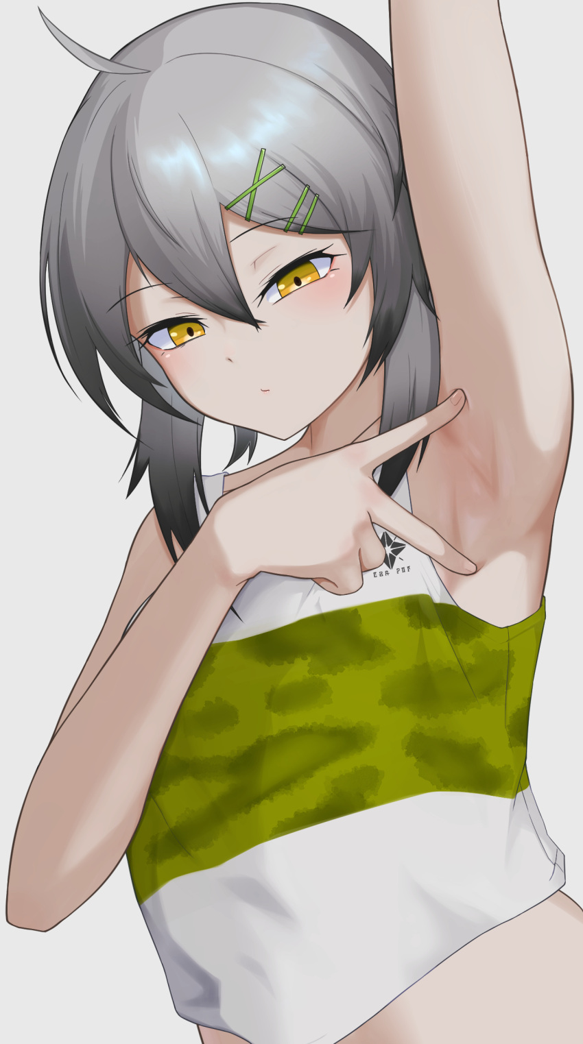 1girl ahoge arm_above_head armpits bangs commentary croque_(girls'_frontline_nc) girls'_frontline_neural_cloud grey_hair hair_ornament hairclip highres looking_at_viewer multicolored_hair shirt short_hair simple_background solo spread_armpit syage_62c tank_top white_background yellow_eyes