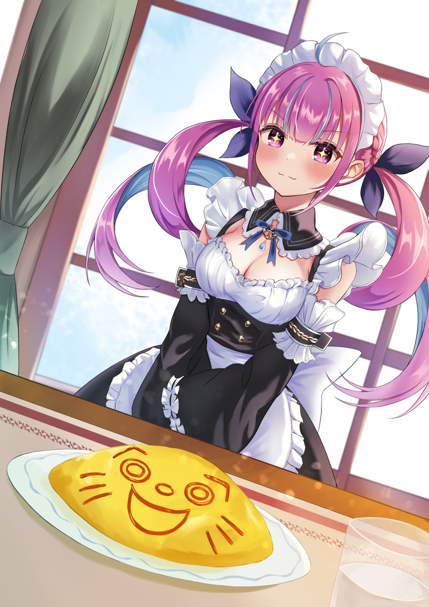 +_+ 1girl absurdres ahoge apron aquarium_(visual_novel) bangs black_dress blue_hair blush breasts chino10110803 cleavage closed_mouth collar collared_dress detached_sleeves dress food frilled_apron frilled_collar frilled_dress frills hair_between_eyes hair_ribbon highres hololive ketchup long_hair long_sleeves maid maid_apron maid_headdress minato_aqua multicolored_hair neko_(minato_aqua) omelet omurice purple_eyes purple_hair ribbon star-shaped_pupils star_(symbol) streaked_hair symbol-shaped_pupils twintails virtual_youtuber