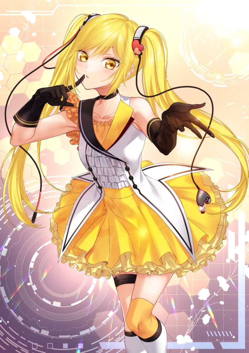 1girl black_choker black_gloves blonde_hair blush border choker dress finger_to_mouth gloves heart highres hijiri_kurisu long_hair looking_at_viewer multicolored_background multicolored_clothes multicolored_dress parted_lips shushing solo tsukino_talent_production tsukiuta tsuru_ringo twintails very_long_hair white_dress yellow_dress yellow_eyes