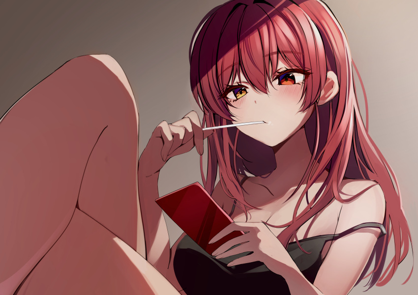 1girl absurdres bangs black_camisole blush breasts brushing_teeth camisole cellphone collarbone crossed_legs grey_background hair_between_eyes hair_down heterochromia highres hololive houshou_marine large_breasts long_hair looking_at_phone phone red_eyes red_hair sitting smartphone solo strap_slip thighs toothbrush toothbrush_in_mouth virtual_youtuber yellow_eyes yoshioka_pochi
