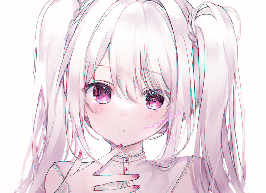 1girl bangs closed_mouth hand_up heart heart-shaped_pupils highres long_hair looking_at_viewer original pink_eyes pink_hair pink_nails portrait solo symbol-shaped_pupils twintails twitter_username wako_morino