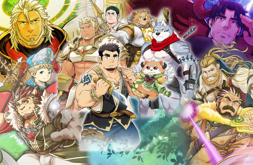 6+boys abs angel animal_ears arche_(crave_saga) arke_(crave_saga) arm_belt arm_hair armor armored_boots arrow_(projectile) artist_request axe bara bear_boy bear_ears beard belt bergamond_(crave_saga) black_hair blonde_hair blue_capelet blue_pants blush book boots bow_(weapon) bracelet breastplate brown_fur brown_hair bulge cape capelet character_request chest_belt chest_hair chest_tattoo clenched_hands collared_coat collared_shirt contrast cowboy_shot crave_saga creature cropped_torso crossed_arms crown dagger dark-skinned_male dark_skin demon_boy demon_horns dog_boy dog_ears dust electricity excalibur_(crave_saga) eye_black eyebrow_cut facial_hair falling_feathers fang fang_out feathered_wings fighting_stance fingerless_gloves fire firing firing_at_viewer flaming_weapon forked_eyebrows frown fujimoto_gou furry furry_male garou-zuki gloves goatee green_fire green_hair grey_hair grimoire grin gun hair_slicked_back hakuma_(crave_saga) halo hand_to_own_face hands_on_hips hands_up headband highres holding holding_axe holding_bow_(weapon) holding_dagger holding_gun holding_knife holding_polearm holding_sword holding_weapon horns jewelry knife large_hands large_pectorals leather leather_belt leather_gloves lion_boy lion_ears long_hair long_sideburns looking_at_viewer magic male_focus mato_(matomonstera) mature_male midriff mizuki_gai multicolored_hair multiple_boys muscular muscular_male mustache navel navel_hair nine_(crave_saga) nipples no_shirt official_art old old_man one_eye_closed open_clothes open_mouth open_shirt orto_(crave_saga) pants partially_unbuttoned pauldrons pectoral_cleavage pectorals plump polearm ponytail pope promotional_art protagonist_(crave_saga) raineru_(gryffindor131) red_cape red_scarf red_shirt revealing_clothes sandals sash scar scar_on_arm scar_on_leg scarf sheath shigeru_(shounen_zoom) shirt shmiel_(crave_saga) shoes short_hair shorts shoulder_armor shoulder_tattoo sideburns single_glove sleeveless smile spear spiked_hair standing stomach stubble suv_(suv032) sword tattoo thick_eyebrows thigh_belt thigh_strap topless_male translation_request two-tone_hair undercut weapon white_cape white_gloves white_pants wings wrinkled_skin yudai_(grandeur023)