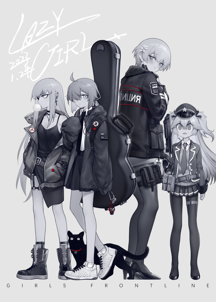 4girls absurdres ahoge belt boots bubble_blowing camisole carabiner cardigan cat chewing_gum choker collar collared_shirt copyright_name cross cross_earrings cyrillic dated earrings empty_eyes english_text expressionless full_body garter_straps girls'_frontline glaring greyscale guitar_case gun hair_ornament hair_over_one_eye hand_on_own_chin hand_up hands_in_pockets hat height_difference highres holding holding_gun holding_weapon hood hooded_jacket instrument_case jacket jacket_partially_removed jewelry looking_at_another looking_at_viewer looking_back looking_to_the_side m200_(girls'_frontline) mole mole_under_eye monochrome multiple_girls necklace necktie o-ring open_clothes open_jacket over_shoulder pantyhose parted_lips peaked_cap pleated_skirt police police_uniform ponytail red_collar russian_flag serbu_super-shorty shaded_face shirt shirt_tucked_in shoes short_hair skirt sleeves_past_wrists sneakers snowflake_hair_ornament spot_color standing su_xiao_jei super-shorty_(girls'_frontline) thigh_pouch trigger_discipline tsurime two_side_up type_80_(girls'_frontline) uniform vsk-94_(girls'_frontline) weapon wide-eyed