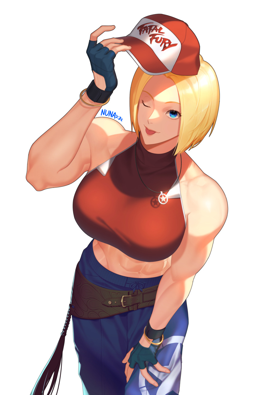 abs absurdres baggy_pants belt biceps blonde_hair blue_mary breasts crop_top fatal_fury fatal_fury_cap highres large_breasts loose_belt muscular muscular_female nuna obliques one_eye_closed pants sleeveless_turtleneck_crop_top snk straight_hair the_king_of_fighters the_king_of_fighters_xiv the_king_of_fighters_xv toned tongue tongue_out turtleneck_crop_top