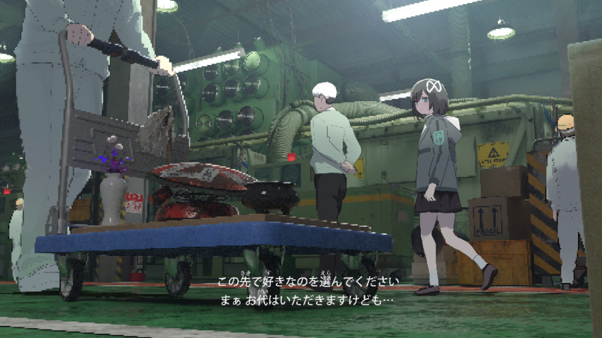 arms_behind_back black_hair black_skirt cart censer drone factory fake_screenshot flower green_jacket hair_ribbon highres incense_burner industrial jacket lost_property_control_organization_(samidare) pleated_skirt protagonist_(lost_property_control_organization) pushcart ribbon samidare_(hoshi) skirt subtitled vase white_hair white_ribbon