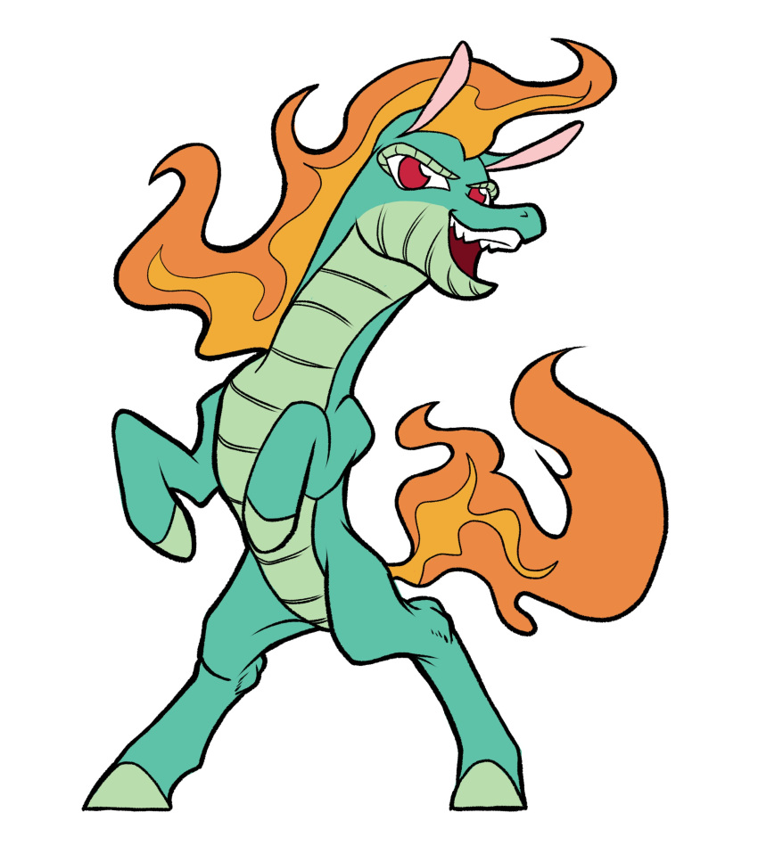 absurd_res asian_mythology chinese_mythology digital_media_(artwork) east_asian_mythology female feral fire flaming_hair flaming_tail green_body green_scales hi_res hooves longma mythology open_mouth open_smile pseudo_hair red_eyes scales simple_background smile solo standing swayedy teeth them's_fightin'_herds tianhuo_(tfh) white_background