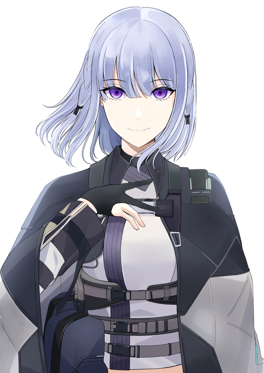 1girl absurdres ak-12_(girls'_frontline) ak-12_(girls'_frontline)_(cosplay) alternate_costume ammunition_pouch bangs black_cape black_gloves breasts cape closed_mouth cosplay defy_(girls'_frontline) girls'_frontline gloves grey_hair hand_on_own_chest highres jacket light_purple_hair long_sleeves looking_at_viewer medium_breasts medium_hair partially_fingerless_gloves pouch purple_eyes rpk-16_(girls'_frontline) smile solo sorayan_03 tactical_clothes upper_body white_background white_jacket