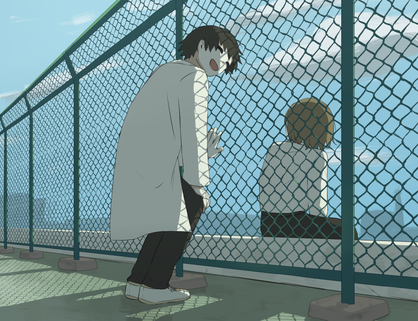 2boys ^_^ absurdres attempted_suicide avogado6 black_hair black_pants chain-link_fence closed_eyes cloud cloudy_sky collared_shirt commentary doctor fence highres labcoat light_brown_hair long_sleeves male_focus multiple_boys open_mouth original pants rooftop school_uniform shadow shirt shirt_tucked_in short_hair sitting sky