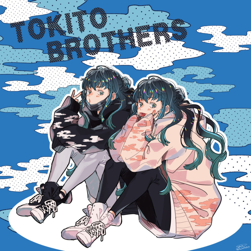 2boys :p adapted_costume aqua_eyes aqua_hair awarinko bangs black_footwear black_hair black_hoodie black_pants blue_background blush braid brothers casual character_name egasumi elbows_on_knees from_side full_body gradient_hair half_updo hand_up hands_on_own_cheeks hands_on_own_face hands_up highres hood hoodie kimetsu_no_yaiba knees_up long_sleeves looking_at_viewer male_focus mask mask_pull matching_outfit mouth_mask multicolored_hair multiple_boys pants puckered_lips red_hoodie shoes siblings side-by-side single_braid sitting sleeves_past_fingers sleeves_past_wrists sneakers tight tight_pants tokitou_muichirou tokitou_yuichirou tongue tongue_out twins twitter_username v wavy_hair white_footwear white_pants
