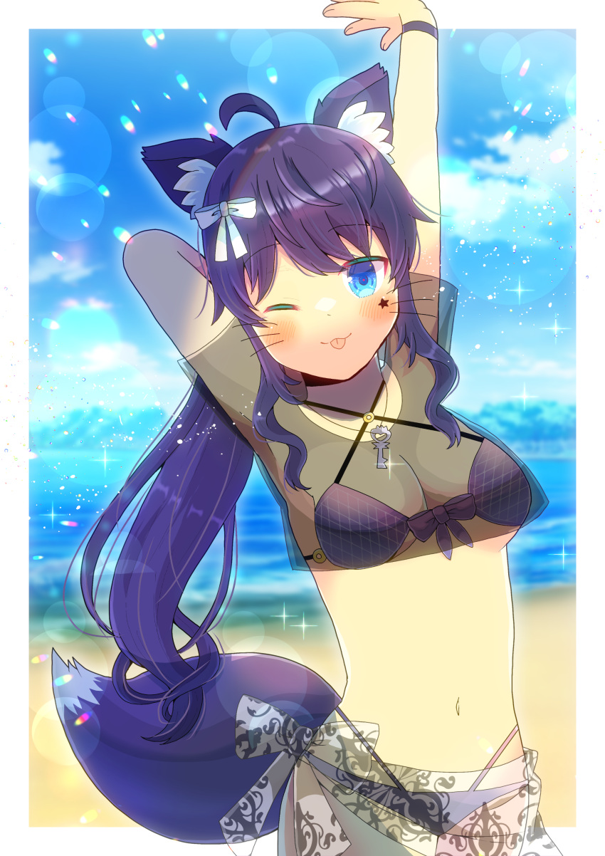 1girl ;p absurdres ahoge animal_ear_fluff animal_ears arm_behind_head arm_up bangs beach bikini bikini_under_clothes black_bikini blue_eyes blue_sky blurry blurry_background blush breasts cleavage closed_mouth cloud commission day depth_of_field facial_mark highres kou_hiyoyo long_hair looking_at_viewer medium_breasts one_eye_closed original outdoors ponytail purple_hair sand sarong see-through short_sleeves skeb_commission sky smile solo sparkle star_(symbol) swimsuit tail tongue tongue_out very_long_hair water whiskers