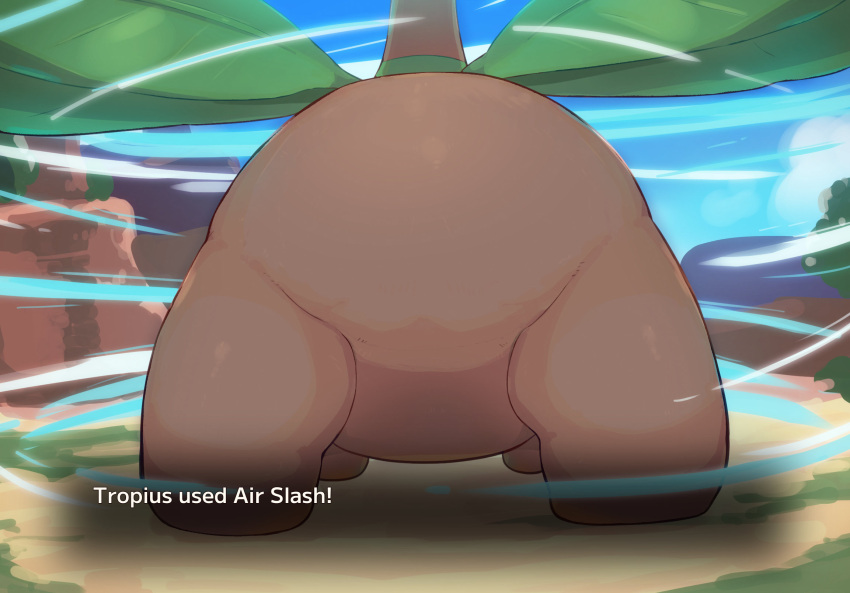 2023 alternate_version_at_source ambiguous_gender brown_body butt butt_focus day detailed_background english_text faceless_ambiguous faceless_character faceless_feral feral generation_3_pokemon hi_res monobutt nintendo outside pokemon pokemon_(species) rear_view solo standing sukiya text tropius