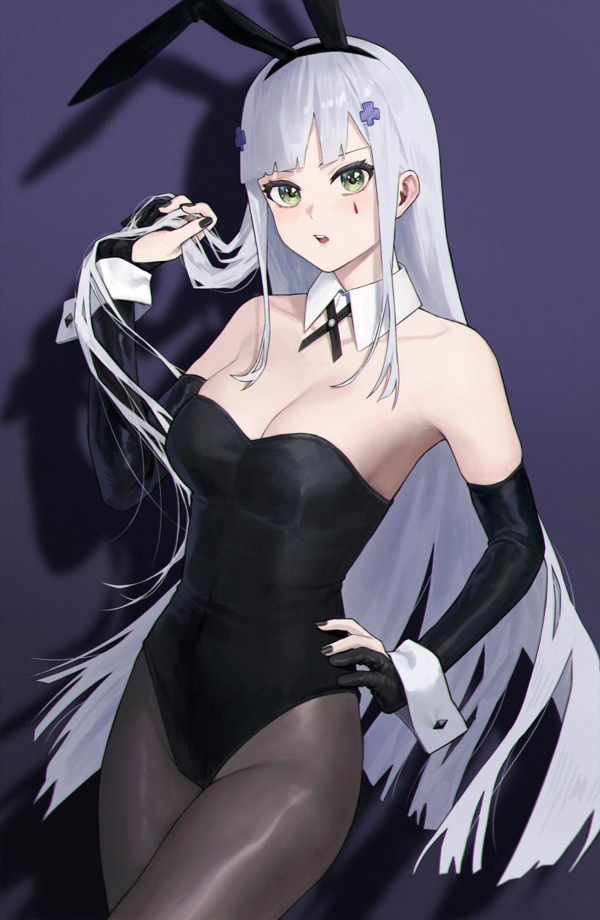 1girl absurdres alternate_costume animal_ears bangs bare_shoulders black_gloves black_leotard black_nails black_pantyhose breasts cleavage collar collarbone detached_collar elbow_gloves fake_animal_ears feet_out_of_frame girls'_frontline gloves green_eyes hair_ornament hairclip hand_in_own_hair hand_on_hip highres hk416_(girls'_frontline) kir_(khw66136132) leotard long_hair looking_at_viewer medium_breasts nail_polish open_mouth pantyhose partially_fingerless_gloves playboy_bunny purple_background rabbit_ears shadow sidelocks solo standing teardrop_facial_mark teardrop_tattoo very_long_hair white_collar white_hair white_wrist_cuffs wrist_cuffs