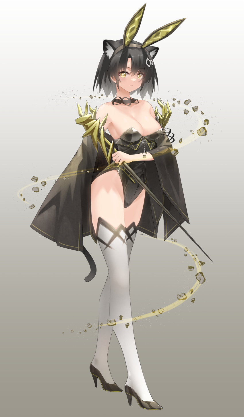 1girl absurdres adapted_costume animal_ears arknights bare_shoulders black_choker black_hair black_leotard blush breasts cat_ears cat_girl cat_tail choker cleavage commentary_request fake_animal_ears frown full_body furukura_m hair_ornament hairclip high_heels highres holding holding_staff kemonomimi_mode legs leotard mandragora_(arknights) medium_breasts medium_hair off_shoulder rabbit_ears solo staff tail thighhighs white_thighhighs yellow_eyes