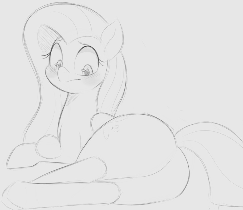 2023 arteficialtrees blush butt cutie_mark embarrassed equid equine eyebrows eyelashes female feral fluttershy_(mlp) friendship_is_magic grey_background greyscale hair hasbro hooves long_hair looking_down lying mammal monochrome mouth_closed my_little_pony nude on_side pegasus rear_view shaded simple_background sketch solo wings