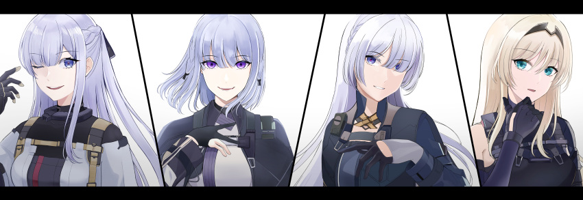 4girls absurdres ak-12_(girls'_frontline) ak-12_(girls'_frontline)_(cosplay) ak-15_(girls'_frontline) ak-15_(girls'_frontline)_(cosplay) alternate_costume ammunition_belt ammunition_pouch an-94_(girls'_frontline) an-94_(girls'_frontline)_(cosplay) aqua_eyes arm_up bangs black_bodysuit black_cape black_gloves black_hairband blonde_hair blue_eyes bodysuit braid breasts cape cosplay defy_(girls'_frontline) elbow_gloves french_braid girls'_frontline gloves grey_hair hair_over_one_eye hairband hand_on_own_chest highres jacket light_purple_hair long_hair long_sleeves looking_at_viewer medium_breasts medium_hair multiple_girls navel one_eye_closed open_mouth partially_fingerless_gloves ponytail pouch purple_eyes rpk-16_(girls'_frontline) rpk-16_(girls'_frontline)_(cosplay) simple_background smile sorayan_03 tactical_clothes upper_body white_background white_jacket wide_sleeves