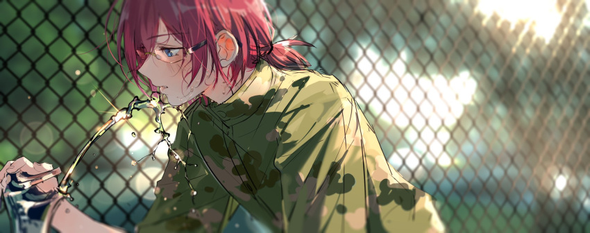 1boy bangs blue_eyes chain-link_fence chinese_commentary commentary drinking_fountain ensemble_stars! fence glasses hair_tie high_collar highres low_ponytail male_focus military military_uniform open_mouth purple_hair rrr_(reason) saegusa_ibara solo uniform water