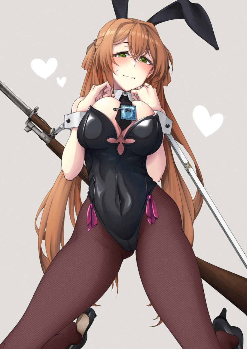 1girl alternate_costume animal_ears ass_visible_through_thighs bangs bare_shoulders battle_rifle bayonet black_footwear black_leotard black_necktie black_pantyhose blush bolt_action breast_suppress breasts cleavage closed_mouth collar condom covered_navel detached_collar fake_animal_ears girls'_frontline green_eyes grey_background gun gun_on_back heart high_heels highres kneeling large_breasts legs leotard long_hair looking_at_viewer m1903_springfield nakiusagi necktie orange_hair pantyhose playboy_bunny rabbit_ears rifle sabotaged_condom safety_pin simple_background sling solo springfield_(girls'_frontline) strapless strapless_leotard sweatdrop thighs very_long_hair weapon weapon_on_back white_collar white_wrist_cuffs wrist_cuffs