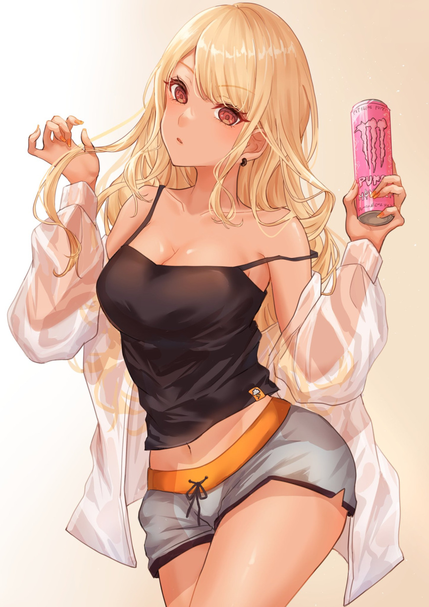 1girl bangs black_camisole blonde_hair blue_shorts camisole can cloud_print collarbone cowboy_shot dolphin_shorts earrings fingernails gradient_background highres holding holding_can jacket jewelry kaminari_qpi lightning_bolt_print long_fingernails long_hair looking_at_viewer miya_(_32miya107) monster_energy nail_polish navel parted_bangs red_eyes see-through see-through_jacket shiny_skin shorts simple_background sleeve_cuffs solo standing strap_slip swept_bangs tag tan very_long_fingernails virtual_youtuber vspo! white_background yellow_background
