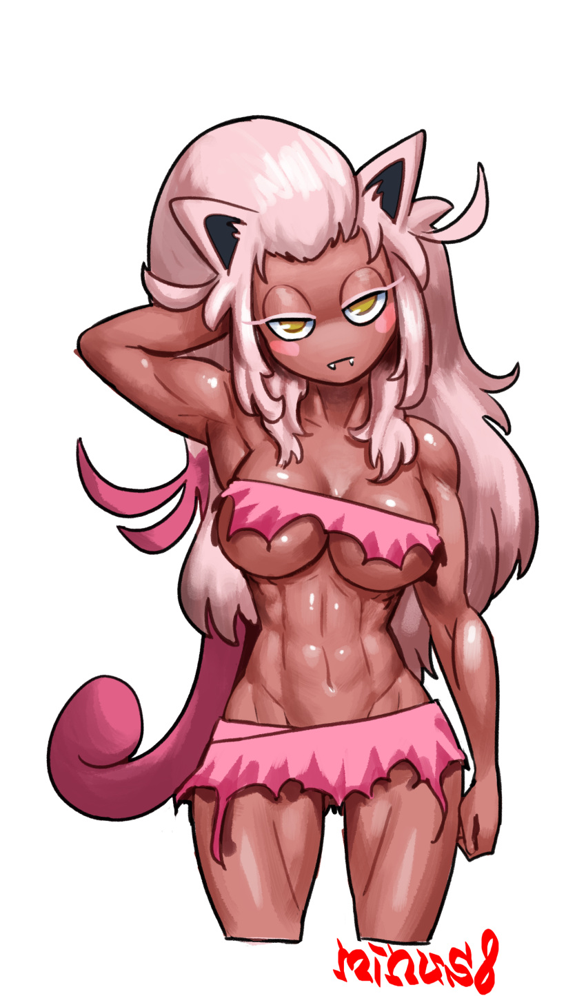 1girl abs absurdres animal_ears arm_behind_head blush_stickers breasts cropped_legs fangs half-closed_eyes highres large_breasts looking_at_viewer microskirt minuspal muscular muscular_female personification pink_hair pokemon scream_tail simple_background skirt solo torn_clothes underboob white_background yellow_eyes