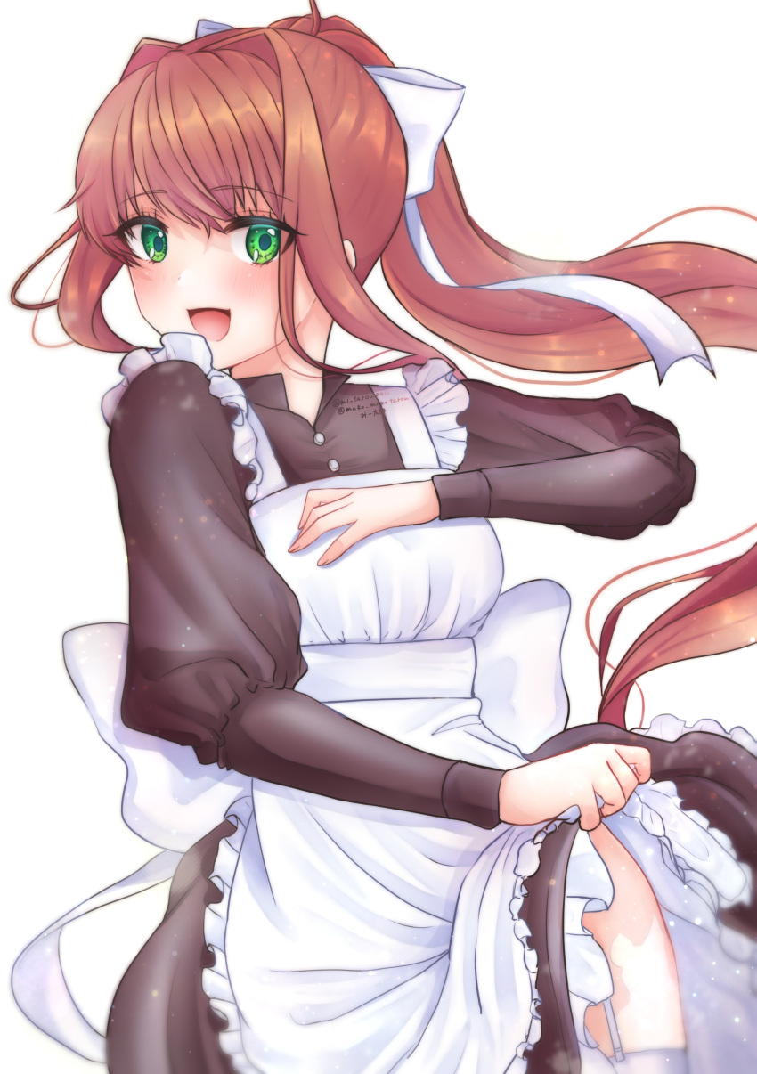 1girl :d absurdres apron apron_lift bangs black_dress blush bow brown_hair clothes_lift cowboy doki_doki_literature_club dress dress_lift eyelashes eyes_visible_through_hair floating_hair frilled_apron frills garter_belt garter_straps green_eyes hair_bow hand_on_own_chest happy head_tilt highres juliet_sleeves leaning_back lifted_by_self long_hair long_sleeves looking_at_viewer looking_to_the_side maid maid_apron mi_tarou0412 monika_(doki_doki_literature_club) multicolored_clothes open_mouth ponytail puffy_sleeves sidelocks simple_background smile solo sparkle thighs tongue very_long_hair white_apron white_background white_bow white_garter_belt white_garter_straps