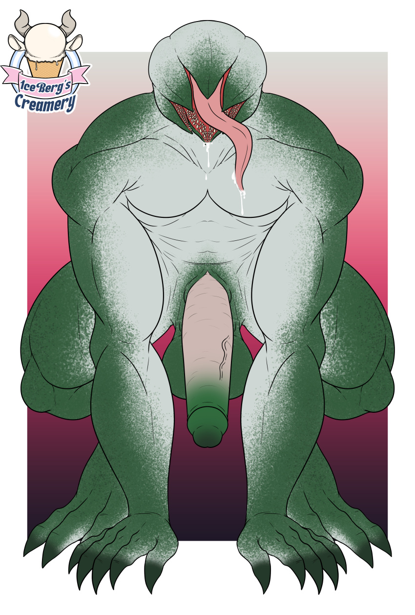 1ceberg absurd_res all_fours anthro balls big_balls big_penis bodily_fluids crouching demogorgon drooling erection genitals green_body hi_res male muscular muscular_male penis saliva solo tongue tongue_out