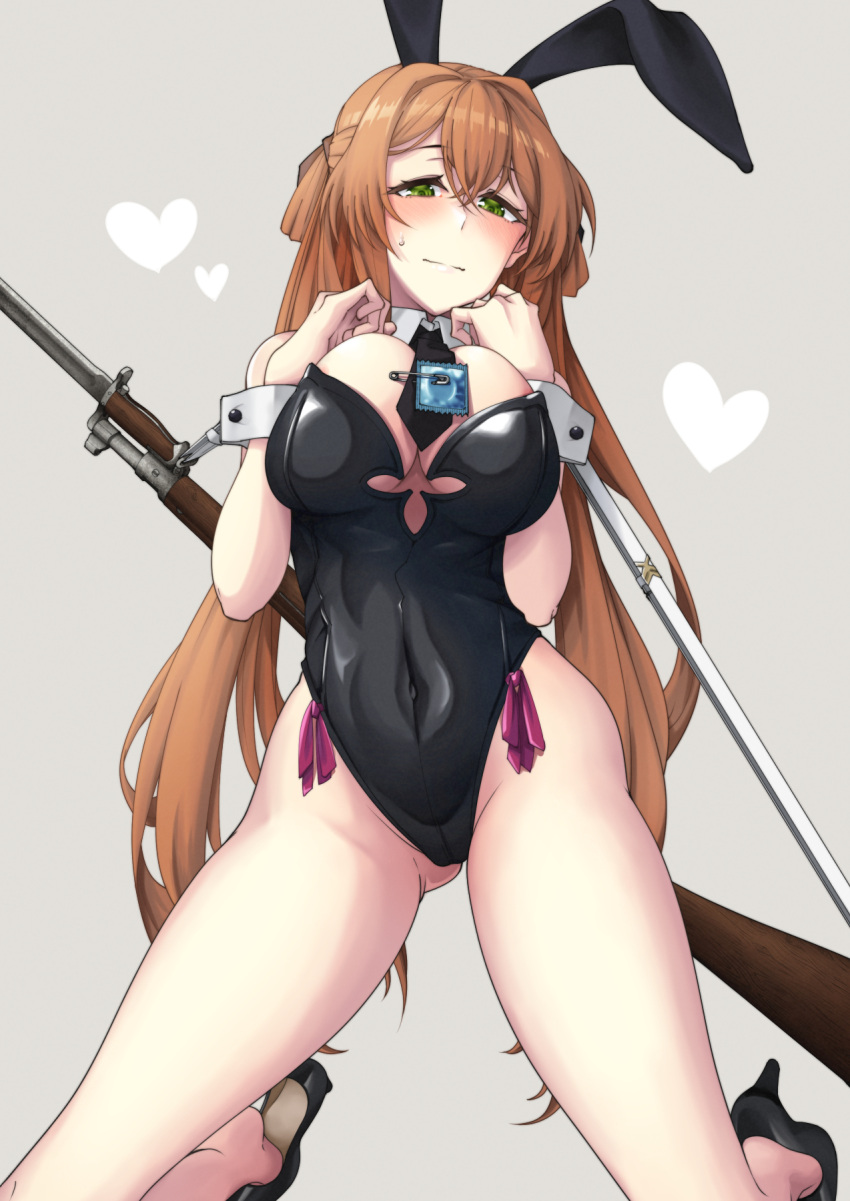 1girl alternate_costume animal_ears ass_visible_through_thighs bangs bare_legs bare_shoulders battle_rifle bayonet black_footwear black_leotard black_necktie blush bolt_action breast_suppress breasts cleavage closed_mouth collar condom covered_navel detached_collar fake_animal_ears girls'_frontline green_eyes grey_background gun gun_on_back heart high_heels highres kneeling large_breasts legs leotard long_hair looking_at_viewer m1903_springfield nakiusagi necktie orange_hair playboy_bunny rabbit_ears rifle sabotaged_condom safety_pin simple_background sling solo springfield_(girls'_frontline) strapless strapless_leotard sweatdrop thighs very_long_hair weapon weapon_on_back white_collar white_wrist_cuffs wrist_cuffs