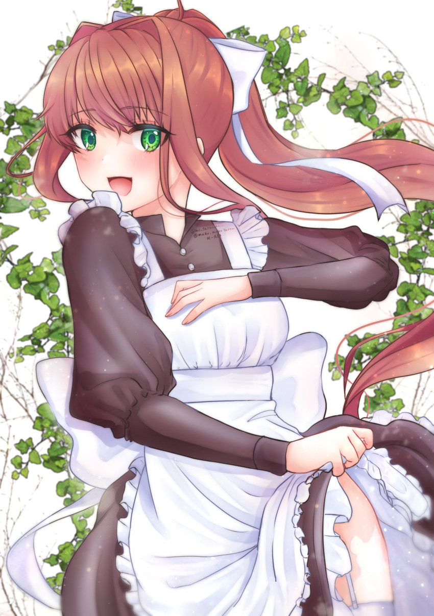 1girl :d absurdres apron apron_lift bangs black_dress blush bow branch brown_hair clothes_lift cowboy doki_doki_literature_club dress dress_lift eyelashes eyes_visible_through_hair floating_hair frilled_apron frills garter_belt garter_straps green_eyes hair_bow hand_on_own_chest happy head_tilt highres ivy juliet_sleeves leaning_back lifted_by_self long_hair long_sleeves looking_at_viewer looking_to_the_side maid maid_apron mi_tarou0412 monika_(doki_doki_literature_club) multicolored_clothes open_mouth plant ponytail puffy_sleeves sidelocks simple_background smile solo sparkle thighs tongue very_long_hair white_apron white_background white_bow white_garter_belt white_garter_straps