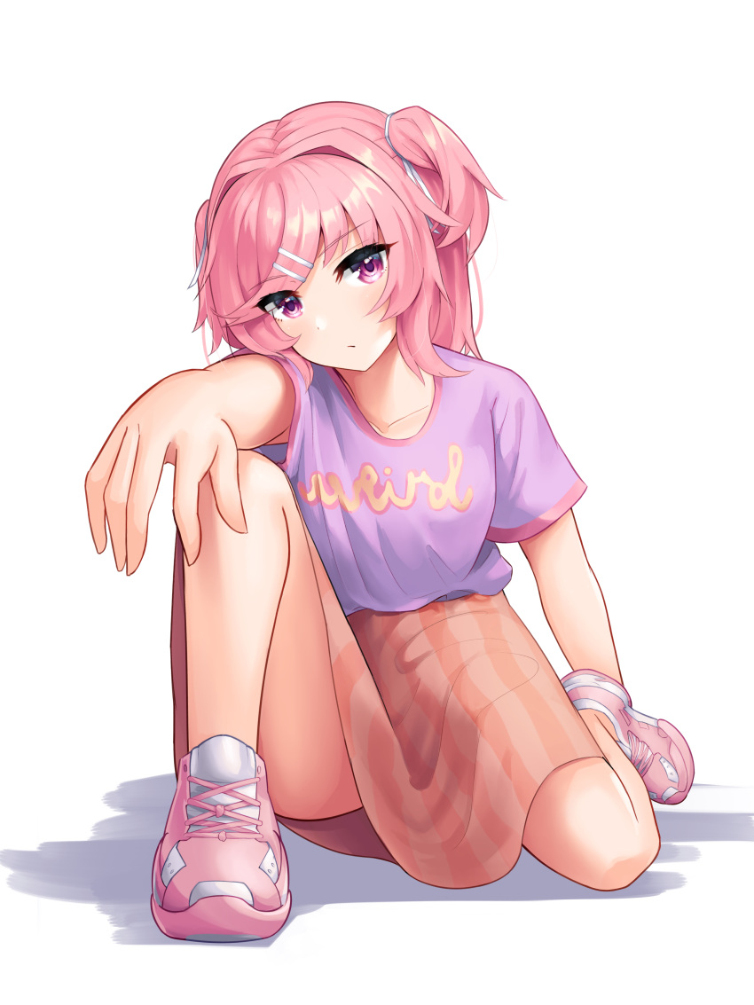 1girl absurdres arm_behind_back bangs closed_mouth clothes_writing collarbone commentary doki_doki_literature_club english_commentary english_text expressionless eyelashes eyes_visible_through_hair hair_ornament hair_ribbon head_tilt highres kneeling legs looking_at_viewer medium_skirt natsuki_(doki_doki_literature_club) one_knee orange_skirt pink_eyes pink_footwear pink_hair purple_shirt ribbon sascha517 shirt shirt_tucked_in shoes short_hair short_sleeves short_twintails simple_background skirt sneakers solo striped striped_skirt t-shirt thighs twintails upskirt white_background white_ribbon x_hair_ornament