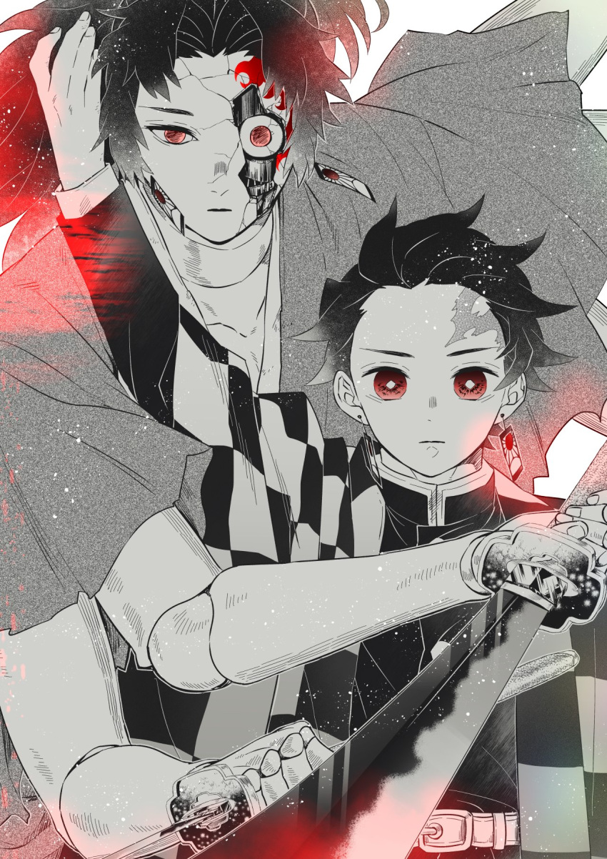 1boy aiming_at_viewer arm_up belt blurry checkered_clothes crack damaged demon_slayer_uniform depth_of_field doll earrings extra_arms facial_mark haori highres holding holding_sword holding_weapon japanese_clothes jewelry kamado_tanjirou kimetsu_no_yaiba long_hair long_sleeves looking_at_viewer male_focus matching_earrings mechanical_parts mintiaorion open_mouth ponytail red_eyes scar scar_on_face scar_on_forehead short_hair simple_background solo spot_color sword uneven_eyes unsheathed upper_body weapon yoriichi_zeroshiki