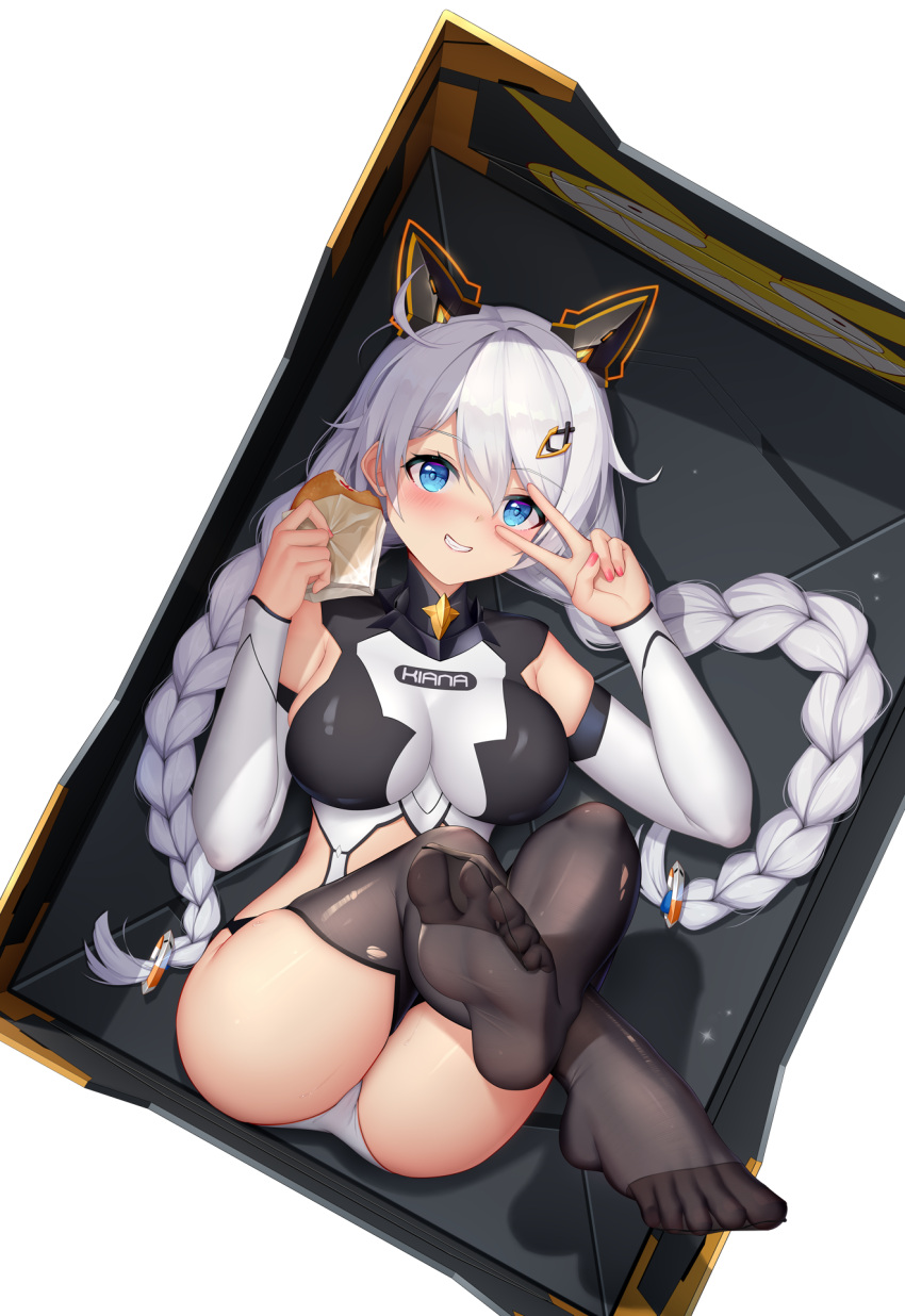 1girl :d animal_ears bangs black_thighhighs blue_eyes blush box braid breasts burger cat_ears fake_animal_ears feet food from_above full_body grin highres holding holding_food homu_(honkai_impact) honkai_(series) honkai_impact_3rd in_box in_container kiana_kaslana kiana_kaslana_(knight_moonbeam) large_breasts legs leotard long_hair looking_at_viewer loot_box lrh0123 nail_polish no_shoes pink_nails smile soles solo spread_toes teeth thighhighs toes torn_clothes torn_thighhighs transparent_background twin_braids v white_hair white_leotard white_sleeves