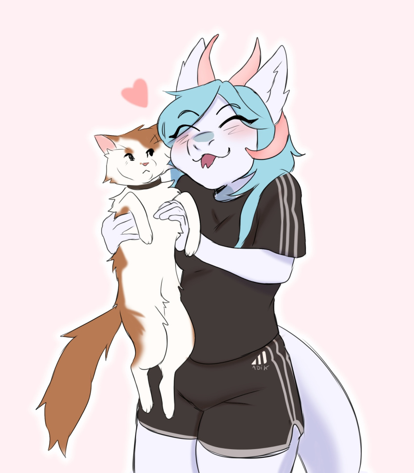 &lt;3 adidas anthro big_breasts blue_hair blush bottomwear breasts caitlyn_bellerose clothing crystal domestic_cat dragon duo felid feline felis female feral fur hair hi_res horn invalid_tag male male/female mammal murfa orange_body orange_fur shorts slightly_chubby tongue tongue_out white_body white_fur