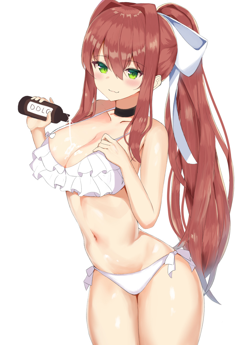 1girl :3 absurdres armpit_peek armpits b4_(yonten) bangs black_choker blush bottle bow bow_bra bow_panties bra breast_focus breasts choker cleavage closed_mouth collarbone cowboy_shot doki_doki_literature_club eyelashes frilled_bra frills from_side grabbing_own_breast green_eyes hair_between_eyes highres holding holding_bottle large_breasts leaning_forward liquid long_hair looking_at_viewer lotion lube monika_(doki_doki_literature_club) navel paizuri_invitation panties ponytail pouring pouring_onto_self seductive_smile shiny_skin sidelocks simple_background smile solo sparkle standing stomach suggestive_fluid thighs underwear underwear_only very_long_hair white_background white_bow white_bra white_panties