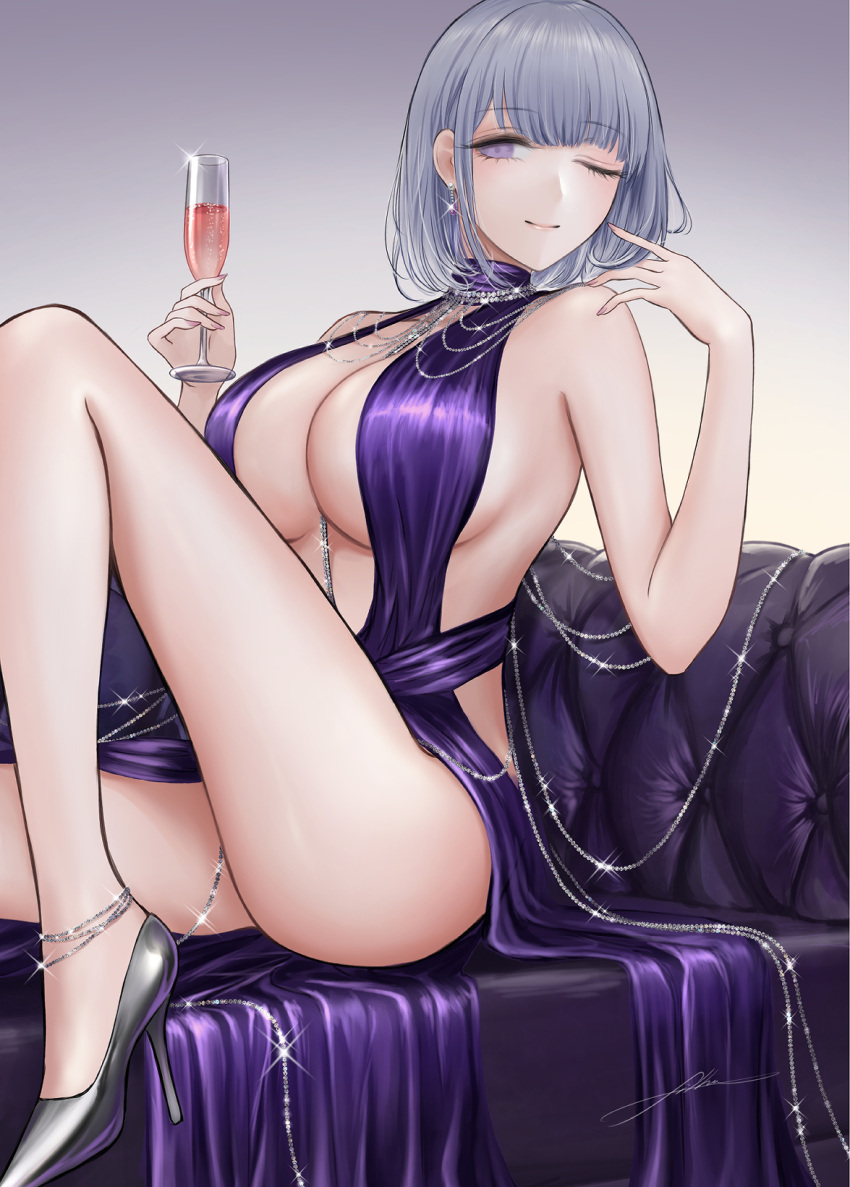 1girl alcohol anklet bare_shoulders breasts champagne_flute couch cup dress drinking_glass evening_gown filha girls'_frontline grey_hair high_heels highres jewelry large_breasts one_eye_closed purple_dress purple_eyes rpk-16_(girls'_frontline) short_hair sitting smile solo