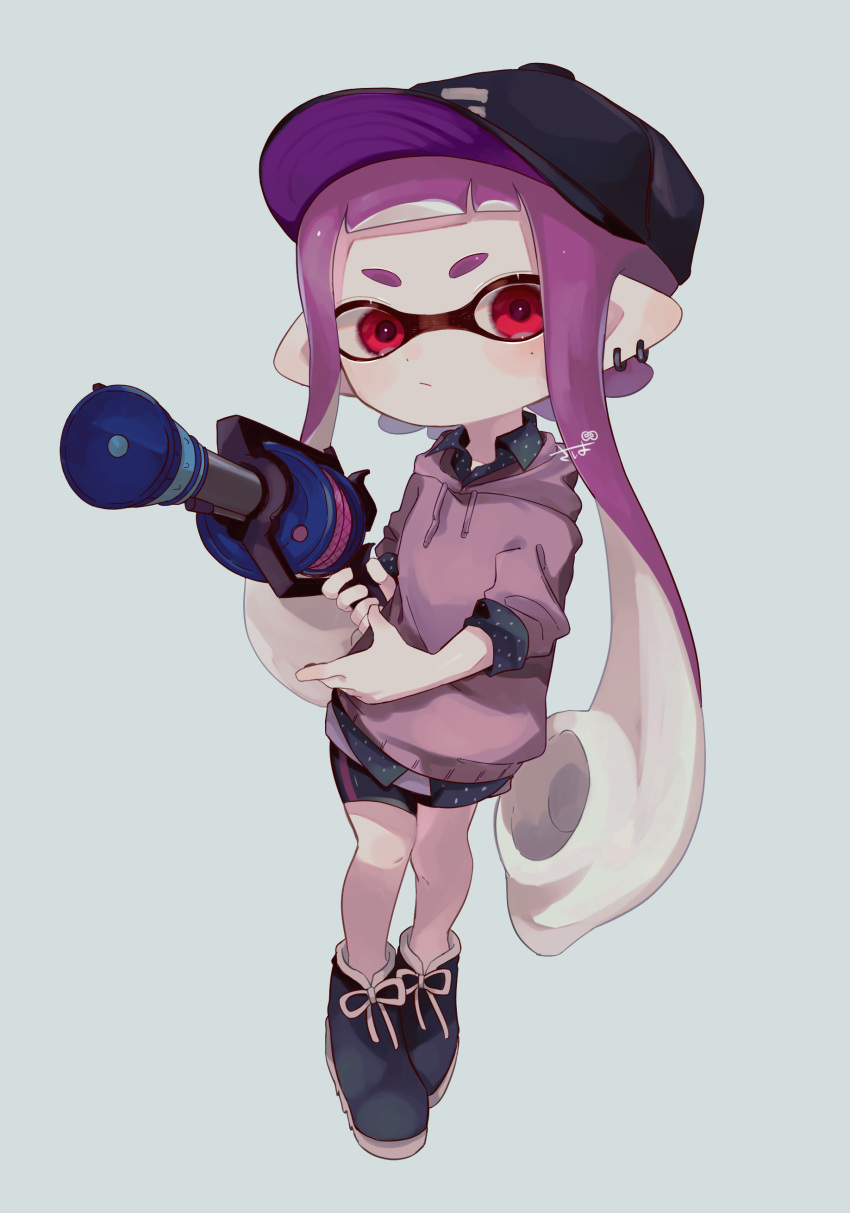 1girl absurdres bangs baseball_cap bike_shorts black_footwear black_headwear black_shirt black_shorts blunt_bangs blush boots closed_mouth collared_shirt commentary_request drawstring ear_piercing full_body grey_background gun h-3_nozzlenose_(splatoon) hat highres holding holding_gun holding_weapon hood hood_down hoodie inkling inkling_girl long_hair long_sleeves looking_at_viewer mikoshiba_m mole mole_under_eye piercing pointy_ears polka_dot polka_dot_shirt purple_hair purple_hoodie red_eyes shirt short_eyebrows short_shorts shorts sidelocks signature simple_background sleeves_rolled_up solo splatoon_(series) standing suction_cups tentacle_hair thick_eyebrows weapon