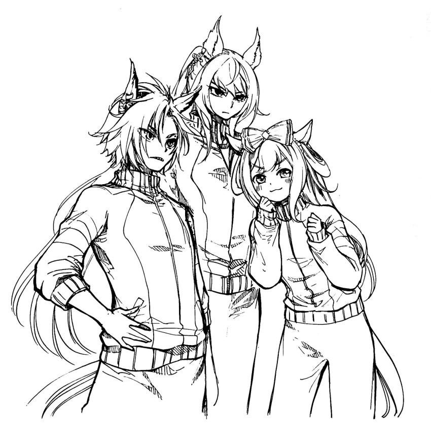 3girls agnes_digital_(umamusume) air_shakur_(umamusume) animal_ears arm_at_side bangs blush bow clenched_hands closed_mouth cropped_legs frown greyscale hair_bow hand_on_hip high_collar highres horse_ears horse_girl horse_tail jacket long_hair long_sleeves looking_afar looking_at_viewer mame_nabe_donko monochrome multiple_girls pants pony sleeves_past_wrists standing symboli_kris_s_(umamusume) tail track_jacket traditional_media umamusume v-shaped_eyebrows