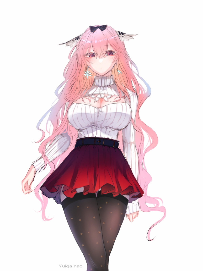 1girl alternate_costume animal_ear_fluff animal_ears artist_name bangs belt black_belt black_thighhighs blush bow breasts cleavage closed_mouth earrings feet_out_of_frame girls'_frontline girls'_frontline_neural_cloud hair_bow highres jewelry large_breasts long_hair long_sleeves looking_at_viewer persicaria_(girls'_frontline_nc) pink_hair purple_eyes red_skirt skirt snowflake_earrings solo standing sweater thighhighs white_background white_sweater yuiga_nao zettai_ryouiki
