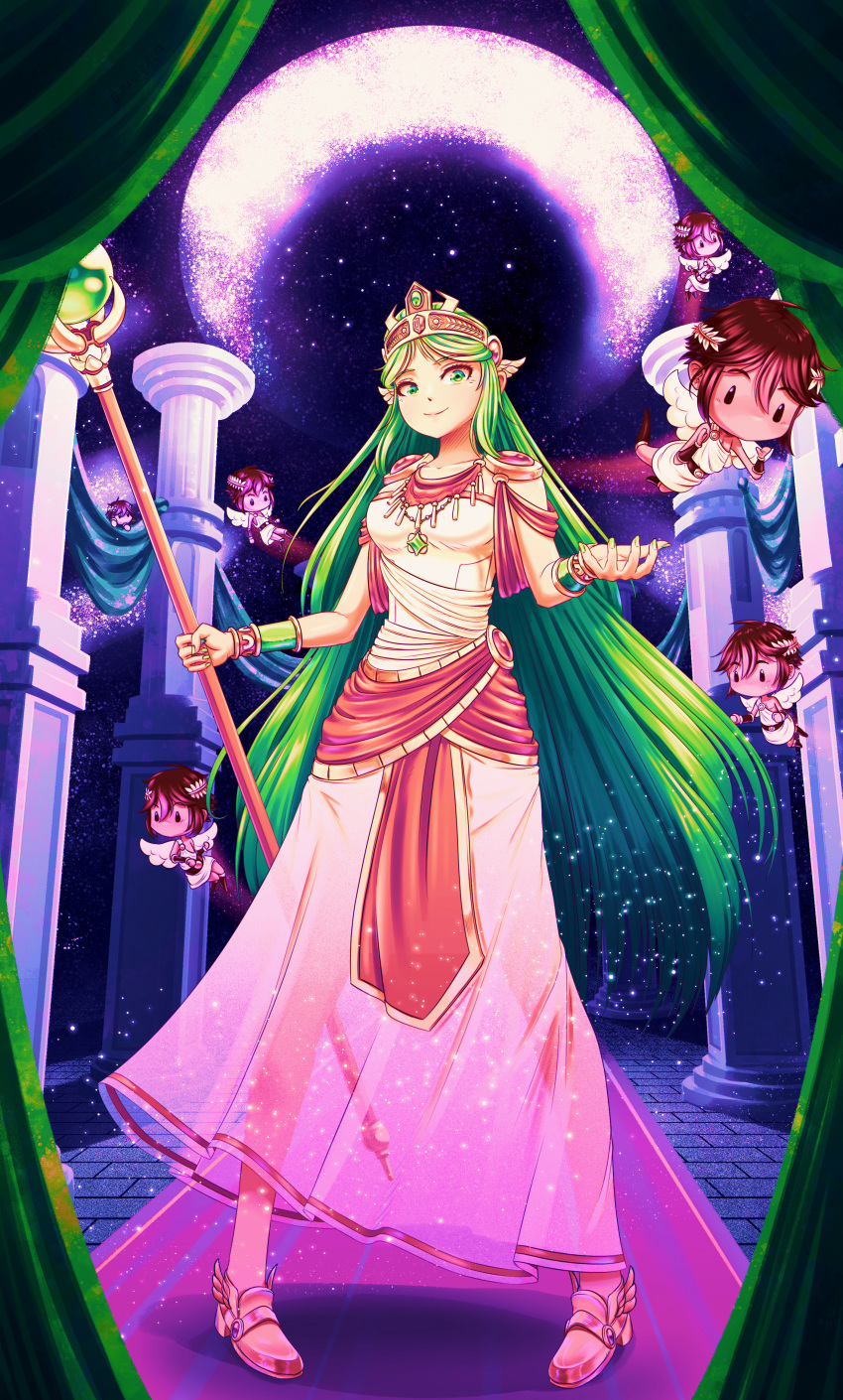 1girl 6+boys absurdres black_eyes bracelet breasts brown_footwear brown_hair carpet cherub column crescent_moon crown dress english_commentary green_hair green_nails highres holding holding_staff jewelry kid_icarus long_hair looking_at_viewer moon multiple_boys necklace palutena pillar pit_(kid_icarus) pointy_ears potterzilla see-through shoes short_hair small_breasts staff standing very_long_hair white_dress wings