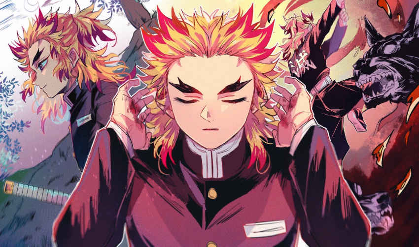 1boy aged_down battle black_pants blonde_hair blood blood_on_hands cape clothes_writing colored_tips crescent_moon demon_slayer_uniform dog facing_away facing_viewer fire flame_print forked_eyebrows half_updo hands_up highres katana kimetsu_no_yaiba long_sleeves looking_away male_focus medium_hair mobichi moon motion_blur multicolored_hair multiple_views outstretched_arms pants pants_tucked_in partially_colored portrait profile red_hair rengoku_kyoujurou shin_guards shoe_soles streaked_hair sword waraji weapon white_cape