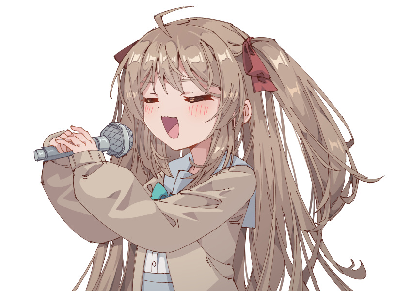 1girl :d =_= absurdres ahoge blush bow bowtie brown_cardigan brown_hair cardigan closed_eyes green_bow green_bowtie grey_sailor_collar grey_skirt hands_up highres holding holding_microphone indie_virtual_youtuber light_brown_hair live2d_inc. long_hair microphone momose_hiyori music neuro-sama open_mouth rune_(dualhart) sailor_collar school_uniform serafuku sidelocks singing skirt smile transparent_background two_side_up upper_body white_serafuku